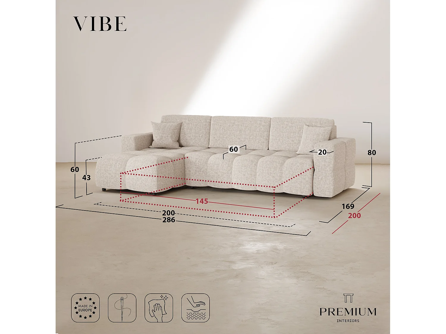 Canapé d'angle gauche convertible avec coffre VIBE en Tissu tramé toucher doux