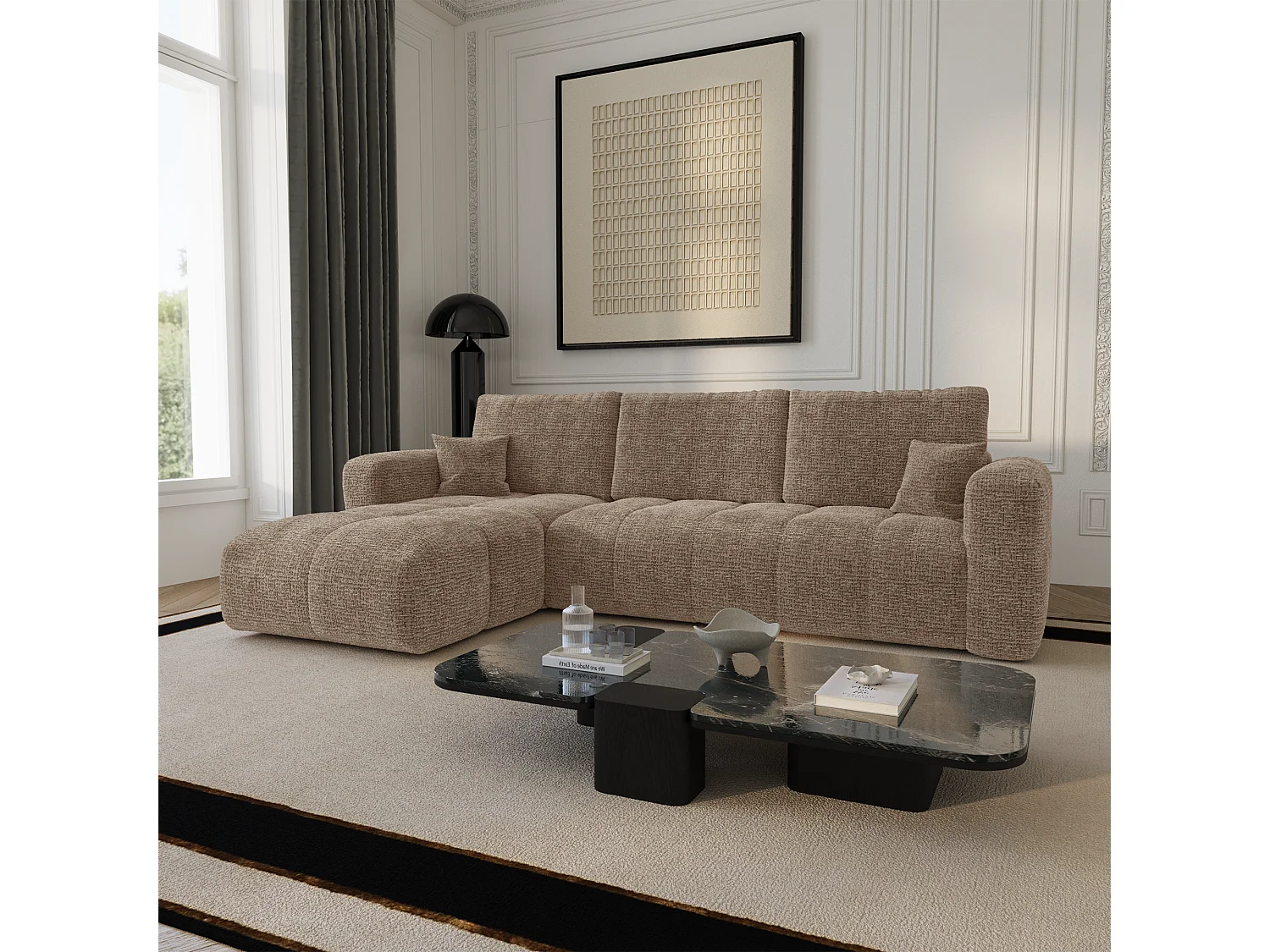 Canapé d'angle gauche convertible avec coffre VIBE en Tissu tramé toucher doux