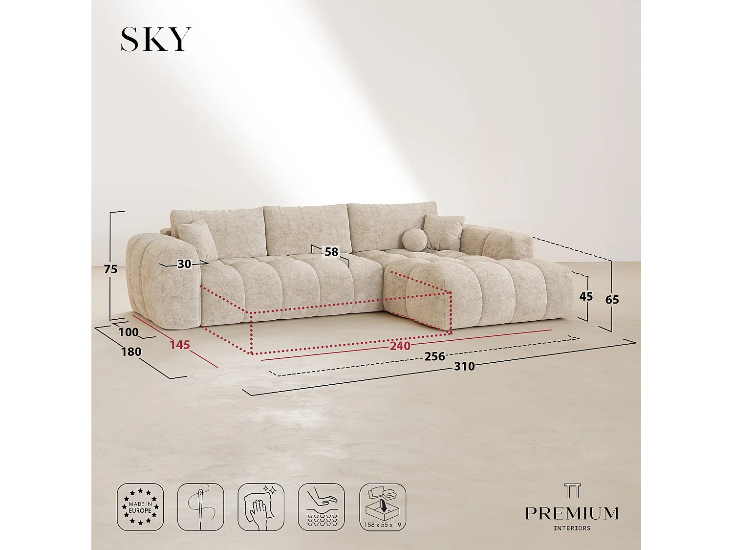 Canapé d'angle droit convertible avec coffre SKY