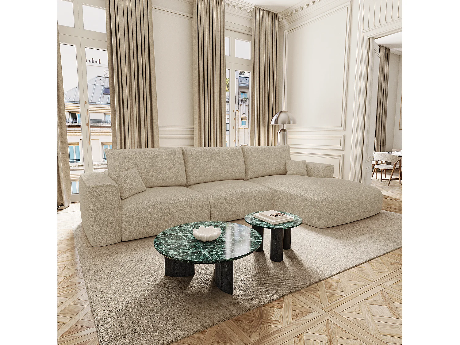 Canapé d'angle droit convertible avec coffre COMO en Tissu bouclette