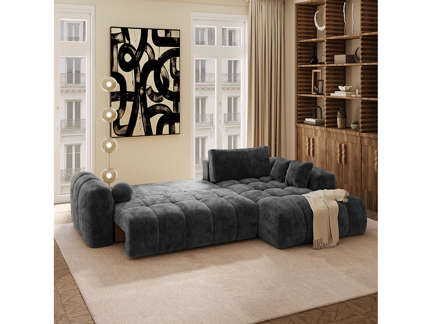 Canapé d'angle droit convertible avec coffre SKY en Velours gaufré