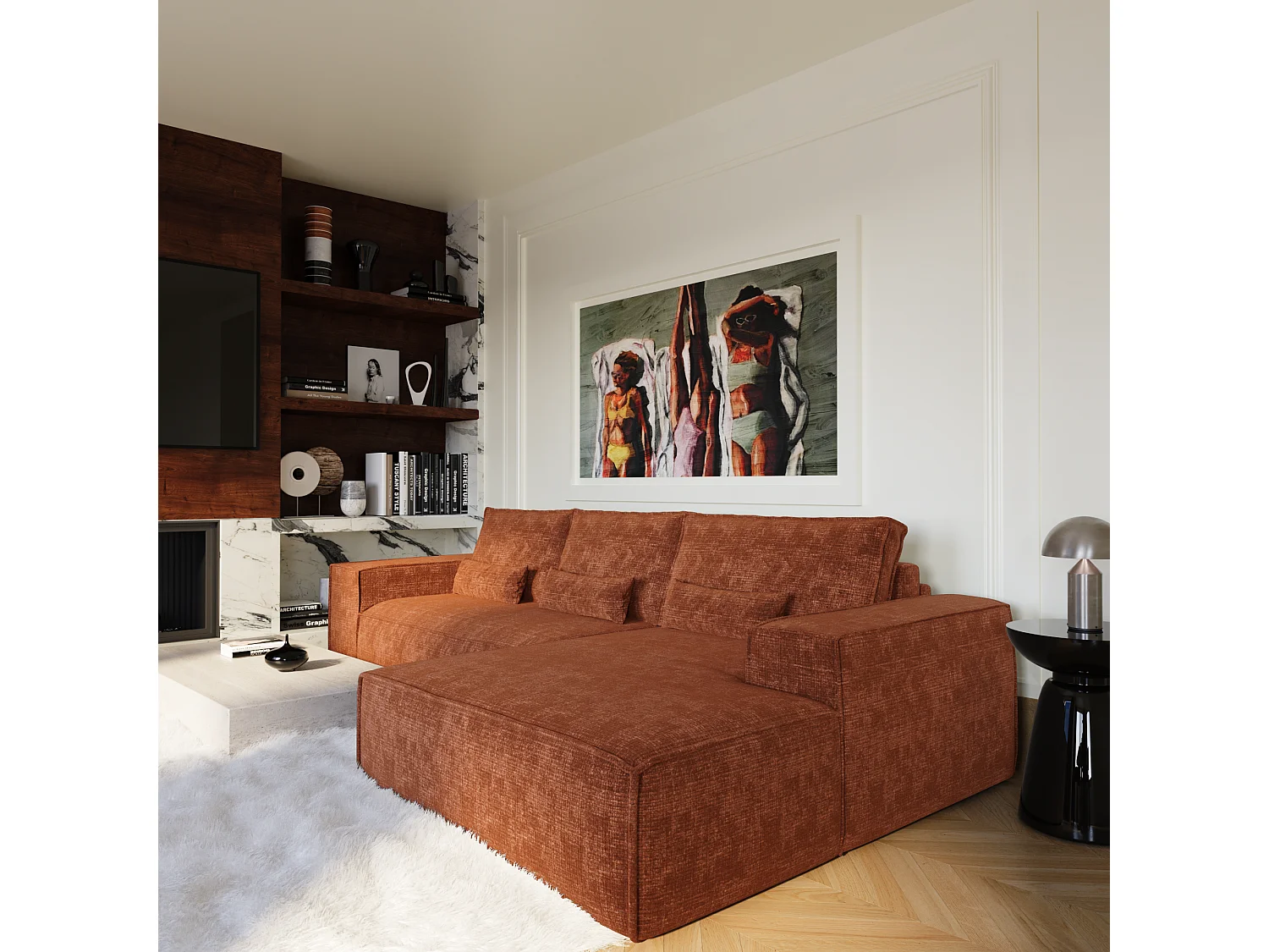 Canapé d'angle droit convertible express JUNE en Velours gaufré