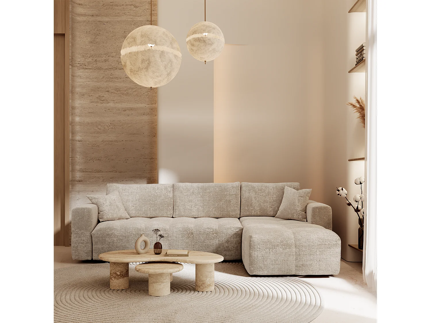 Canapé d'angle droit convertible express VIBE en Velours gaufré Beige