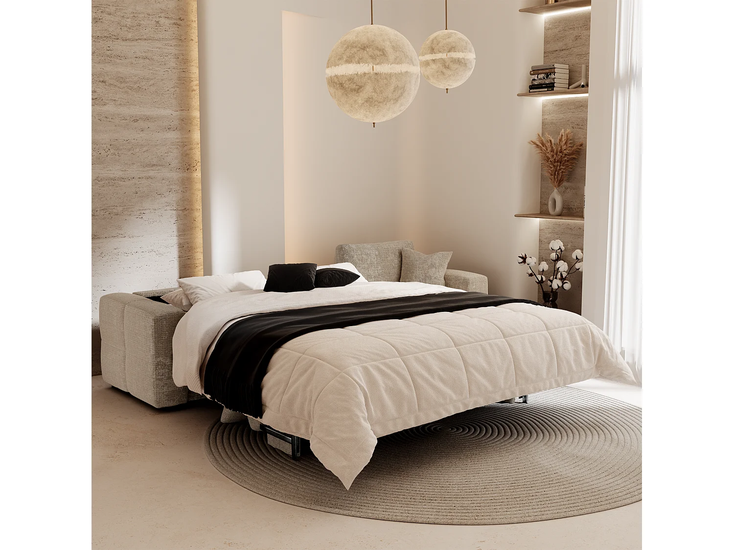 Canapé d'angle droit convertible express VIBE en Velours gaufré Beige