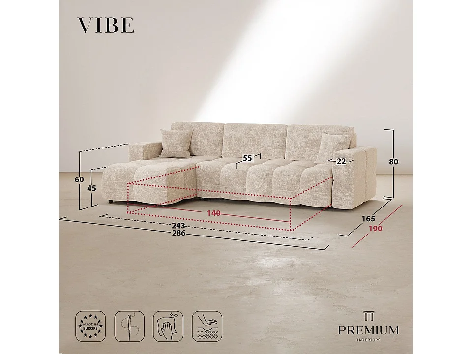 Canapé d'angle gauche convertible express VIBE en Velours gaufré