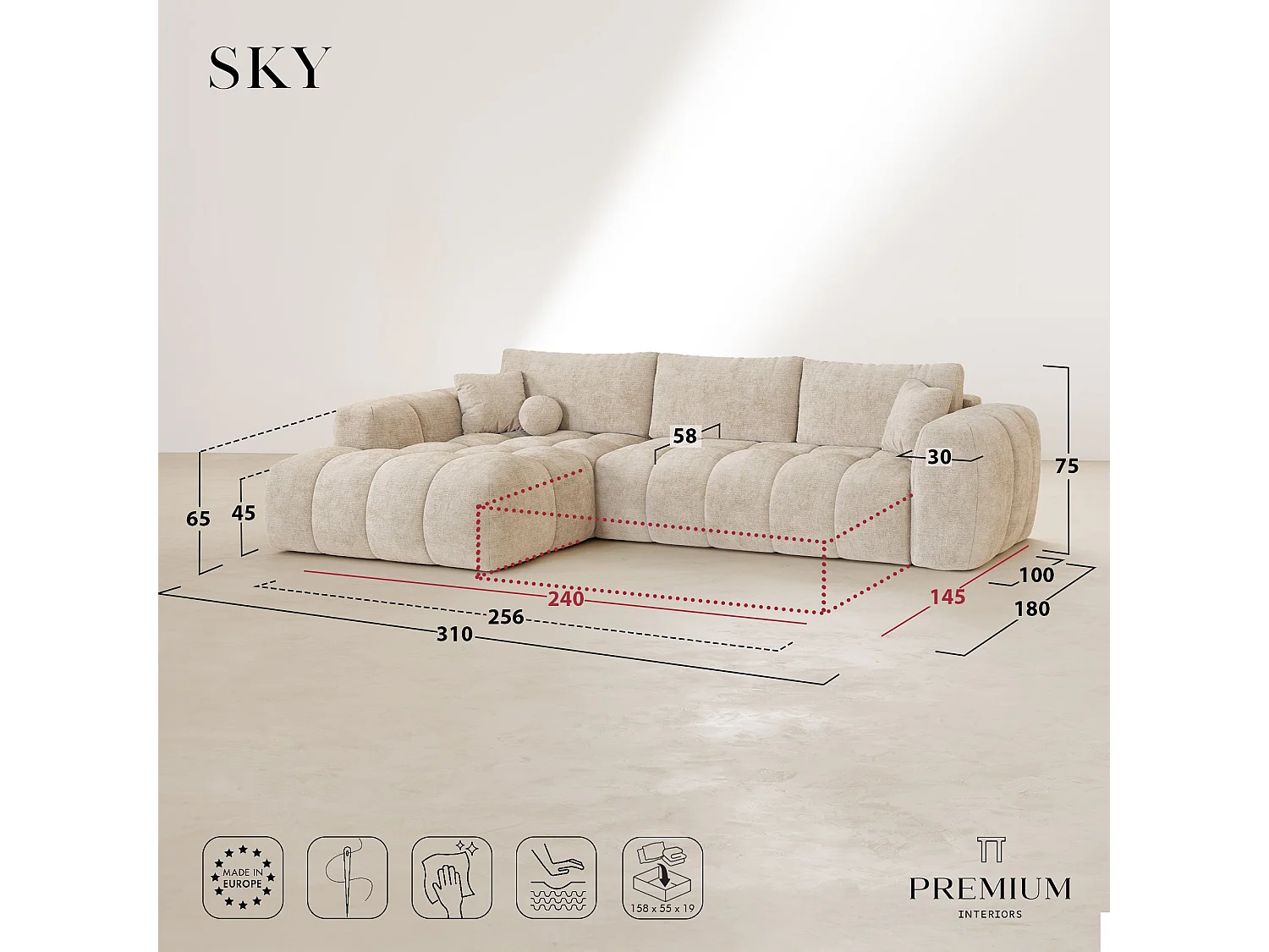 Canapé d'angle gauche convertible avec coffre SKY en Velours gaufré Taupe