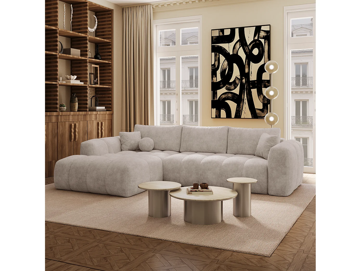 Canapé d'angle gauche convertible avec coffre SKY en Velours gaufré Taupe