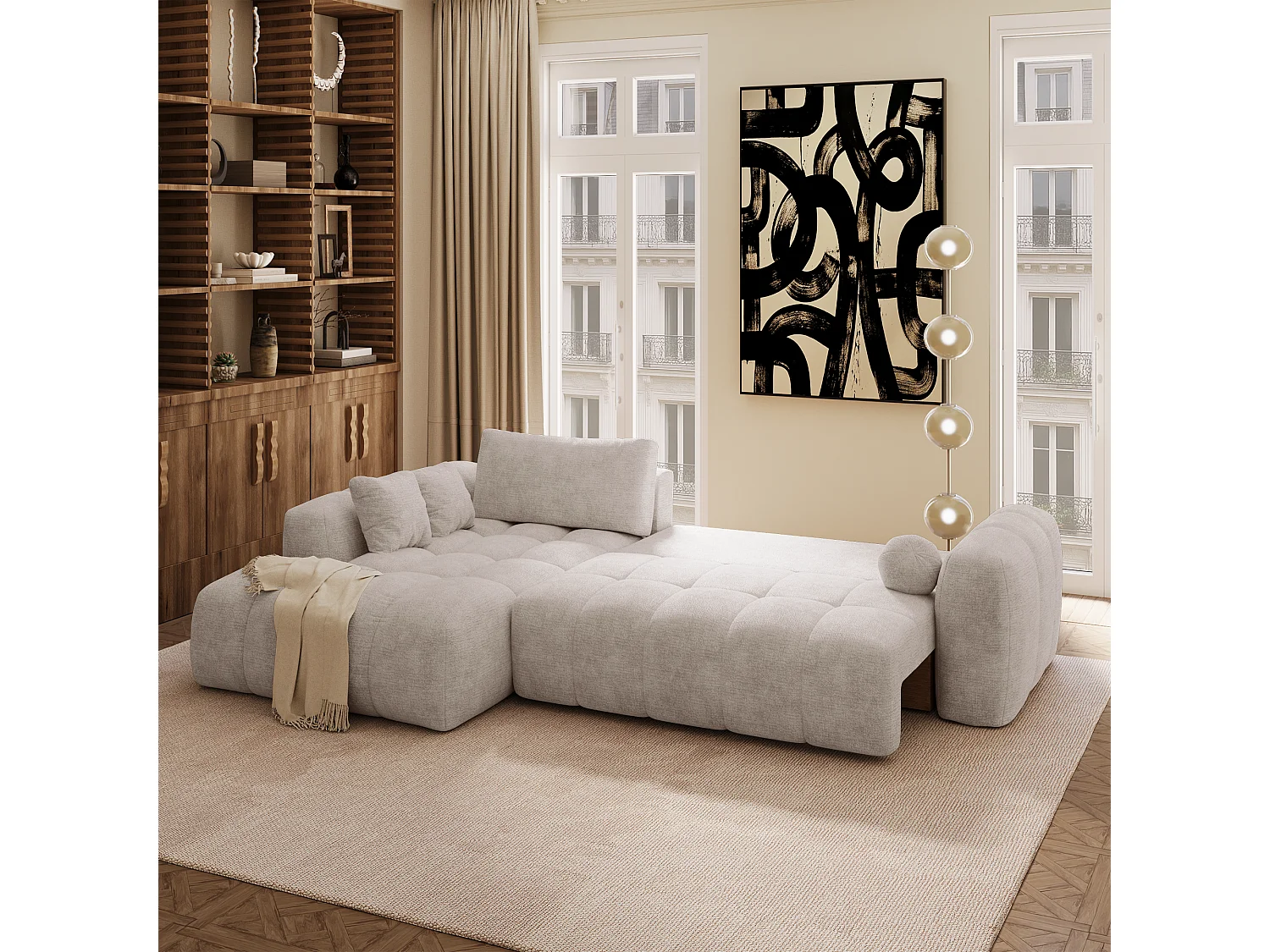 Canapé d'angle gauche convertible avec coffre SKY en Velours gaufré Taupe