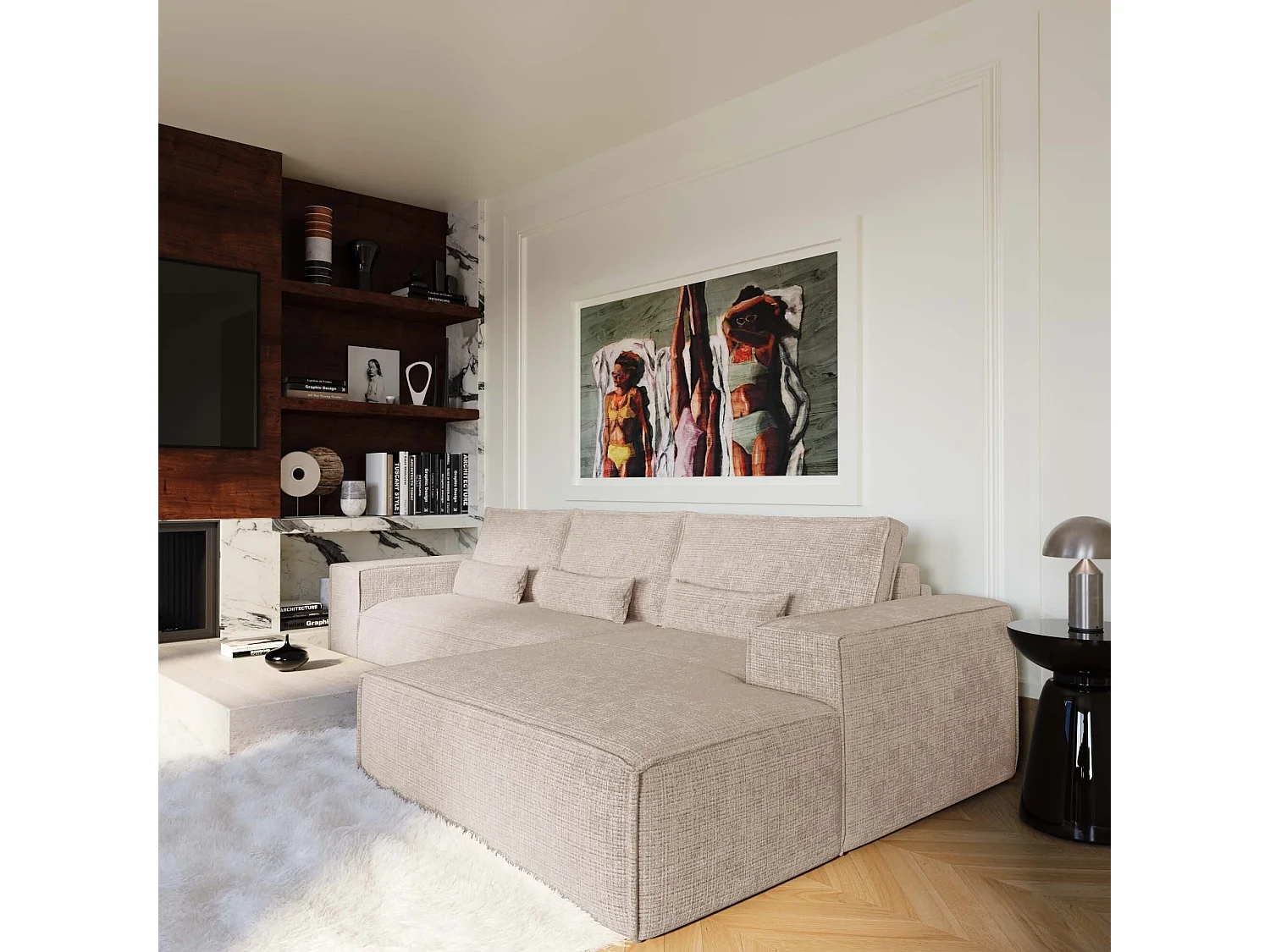 Canapé d'angle droit convertible express JUNE en Velours gaufré