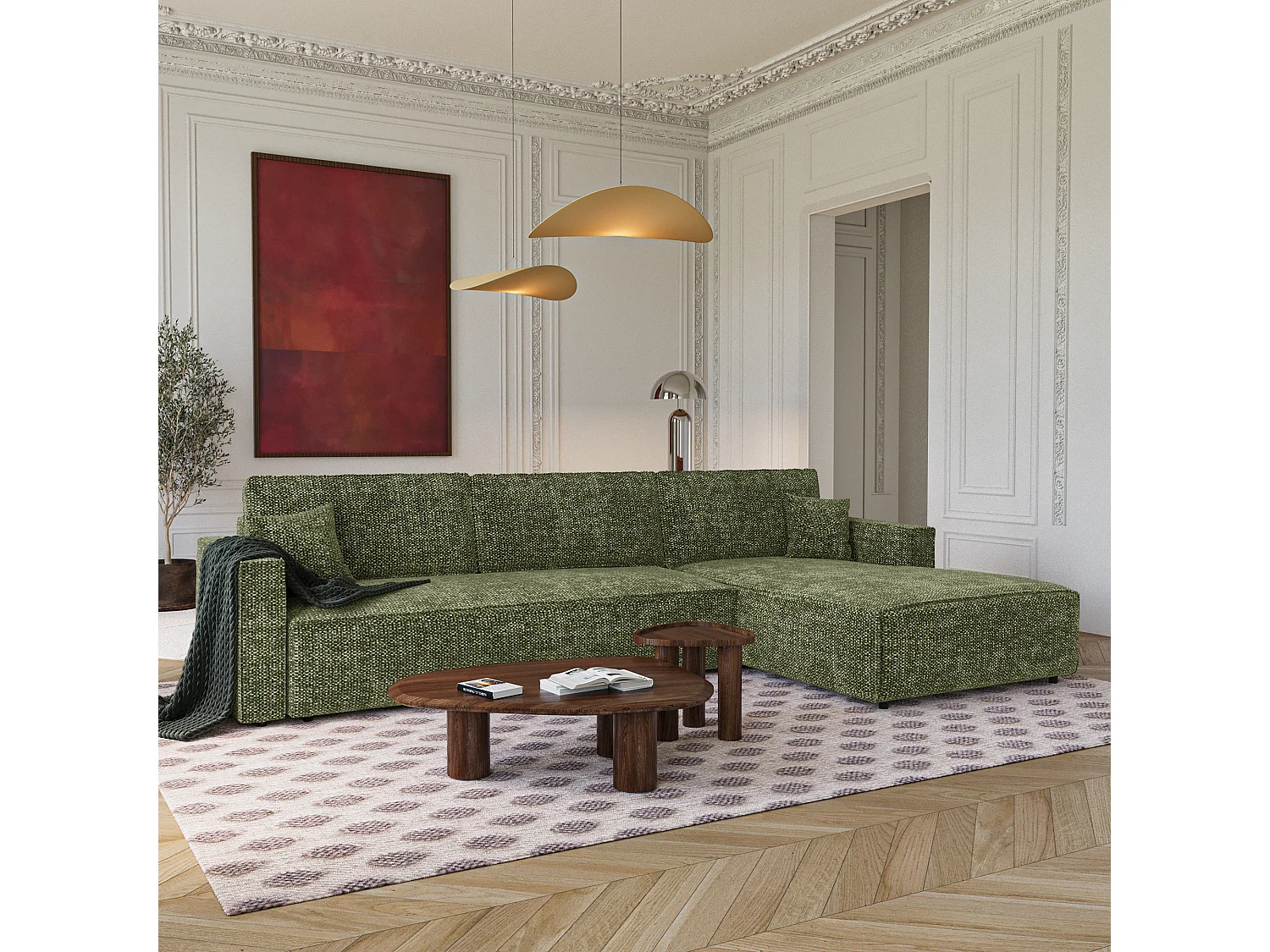 Canapé d'angle droit convertible avec coffre  en Tissu effet tweed