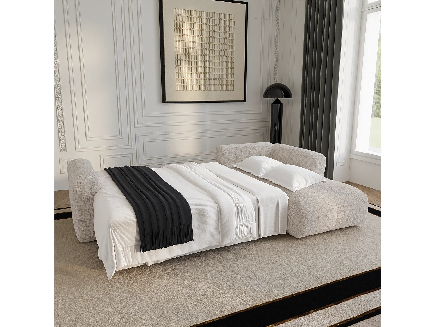 Canapé d'angle droit convertible avec coffre VIBE en Tissu tramé toucher doux