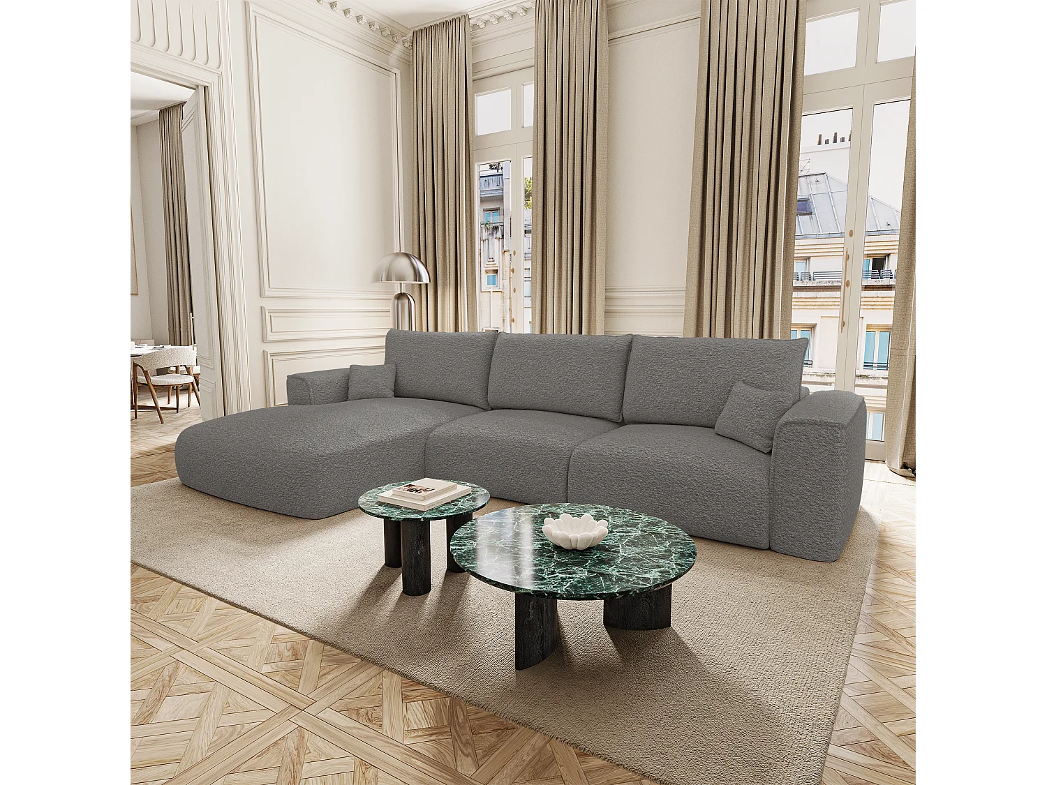 Canapé d'angle gauche convertible avec coffre COMO en Tissu bouclette
