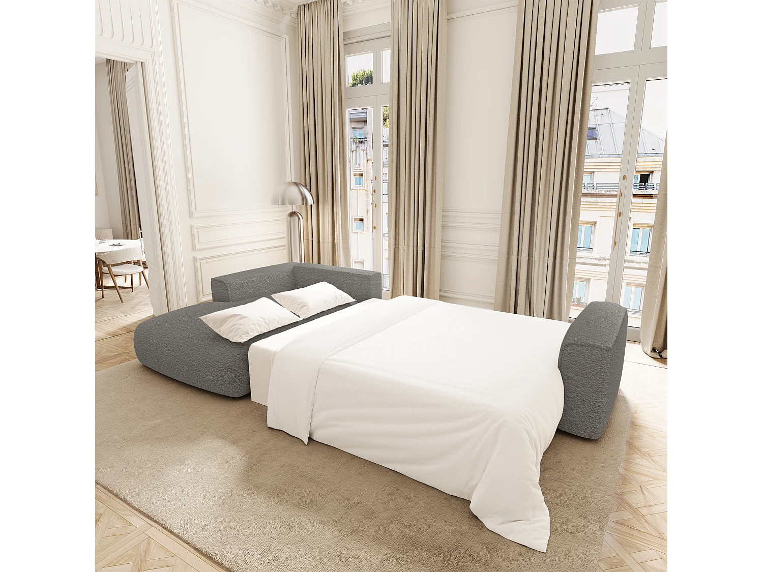 Canapé d'angle gauche convertible avec coffre COMO en Tissu bouclette