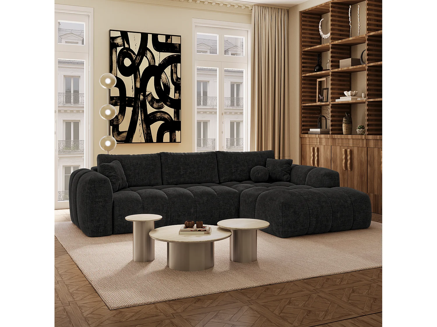 Canapé d'angle droit convertible avec coffre SKY en Tissu tramé