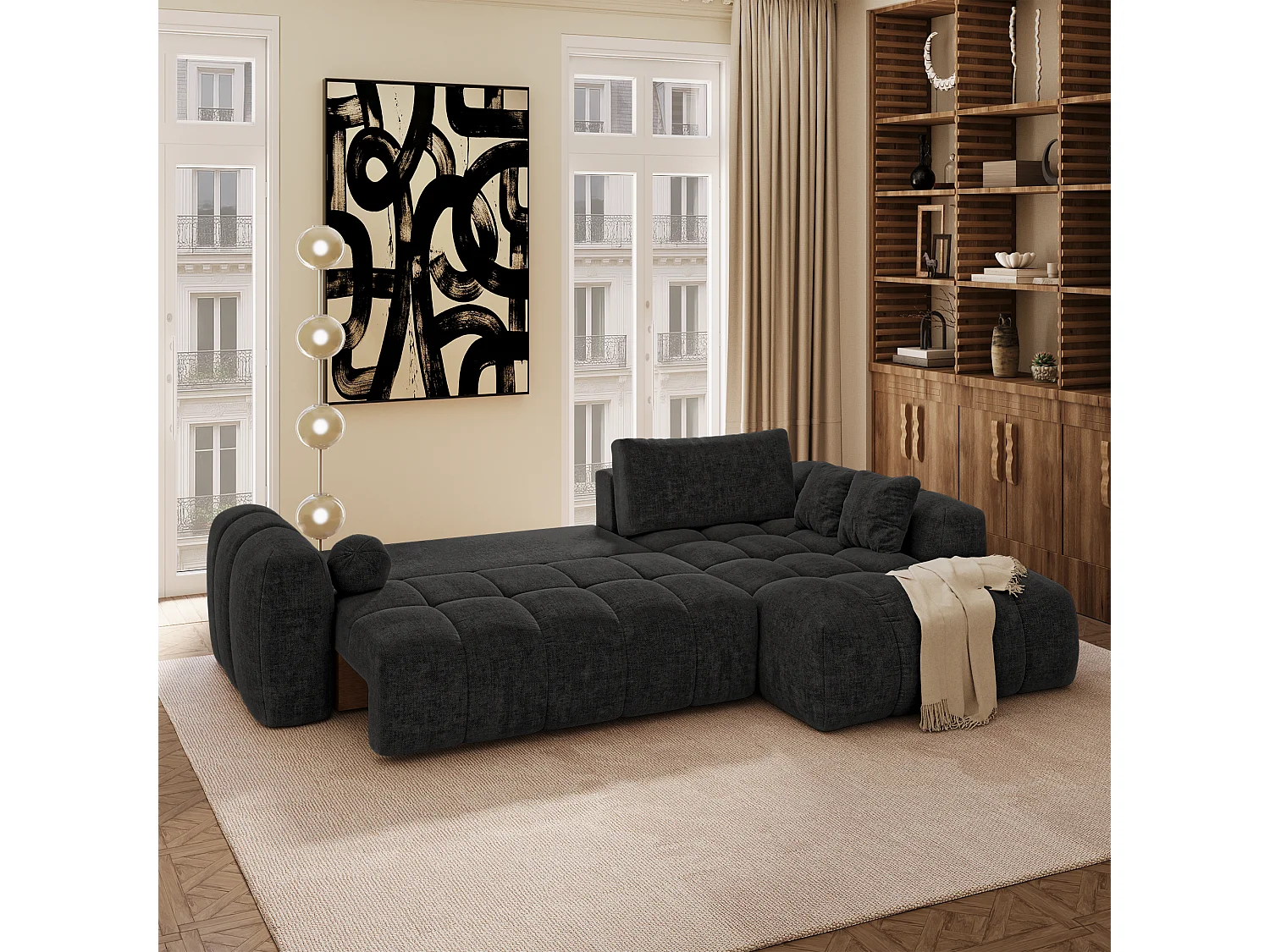 Canapé d'angle droit convertible avec coffre SKY en Tissu tramé