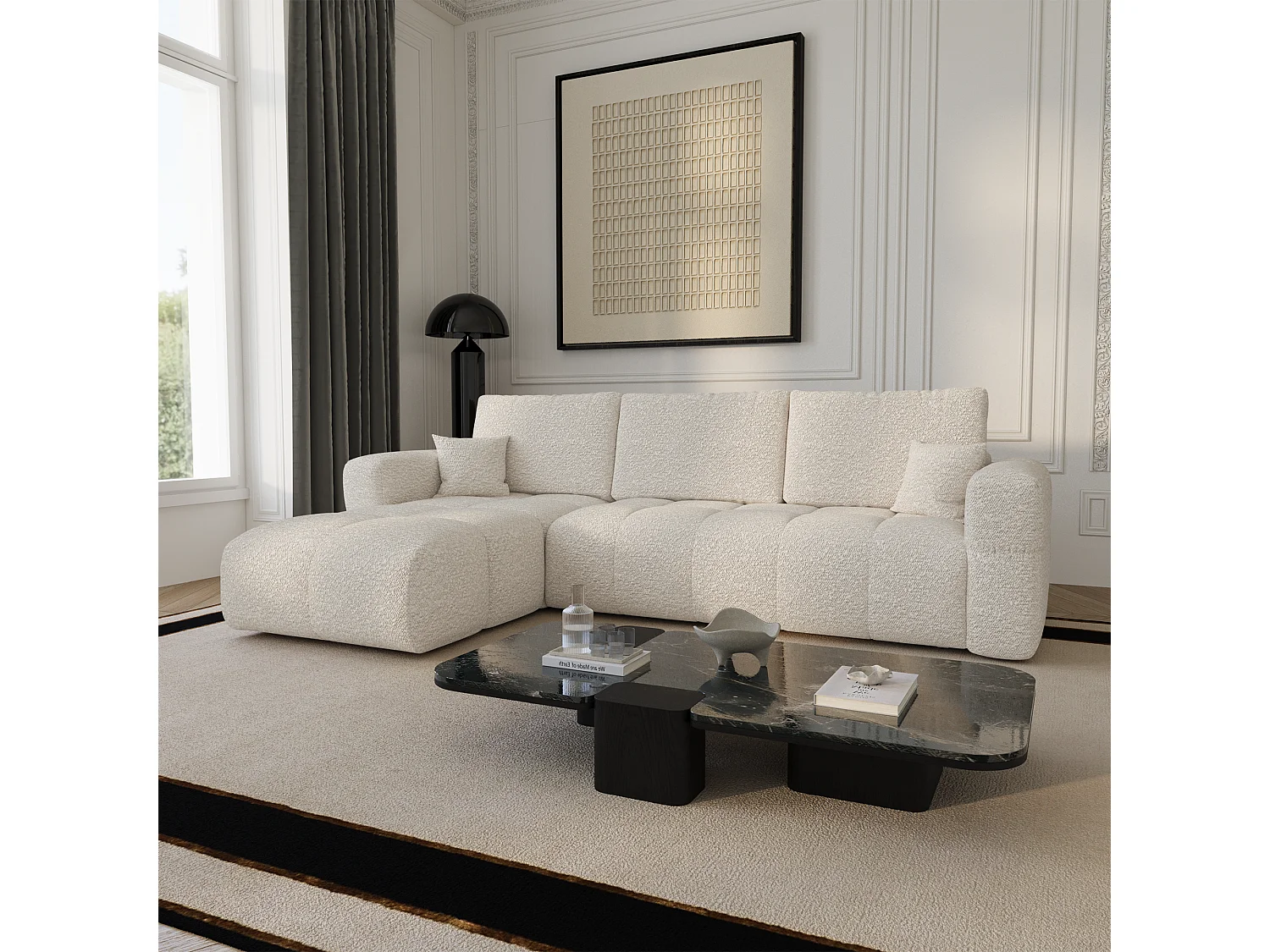 Canapé d'angle gauche convertible avec coffre VIBE en Tissu bouclette
