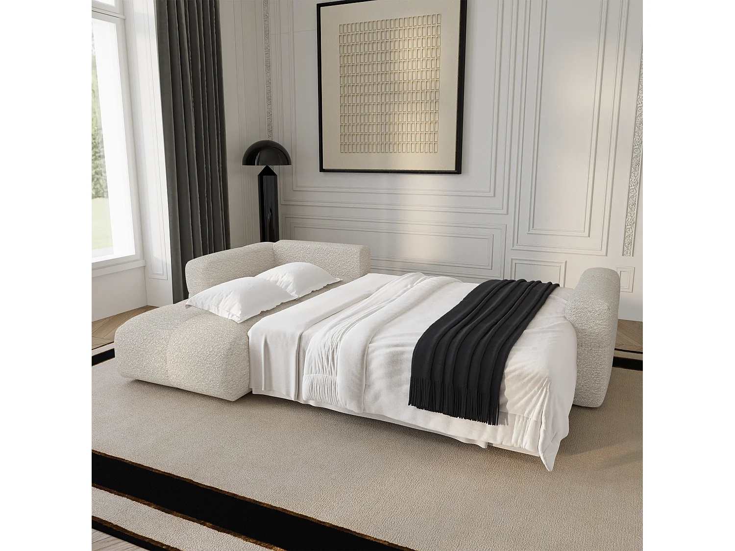 Canapé d'angle gauche convertible avec coffre VIBE en Tissu bouclette