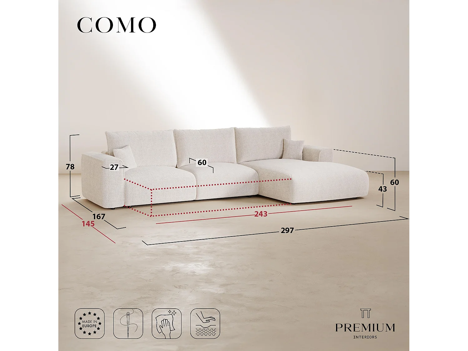 Canapé d'angle droit convertible avec coffre COMO en Tissu tramé  toucher doux