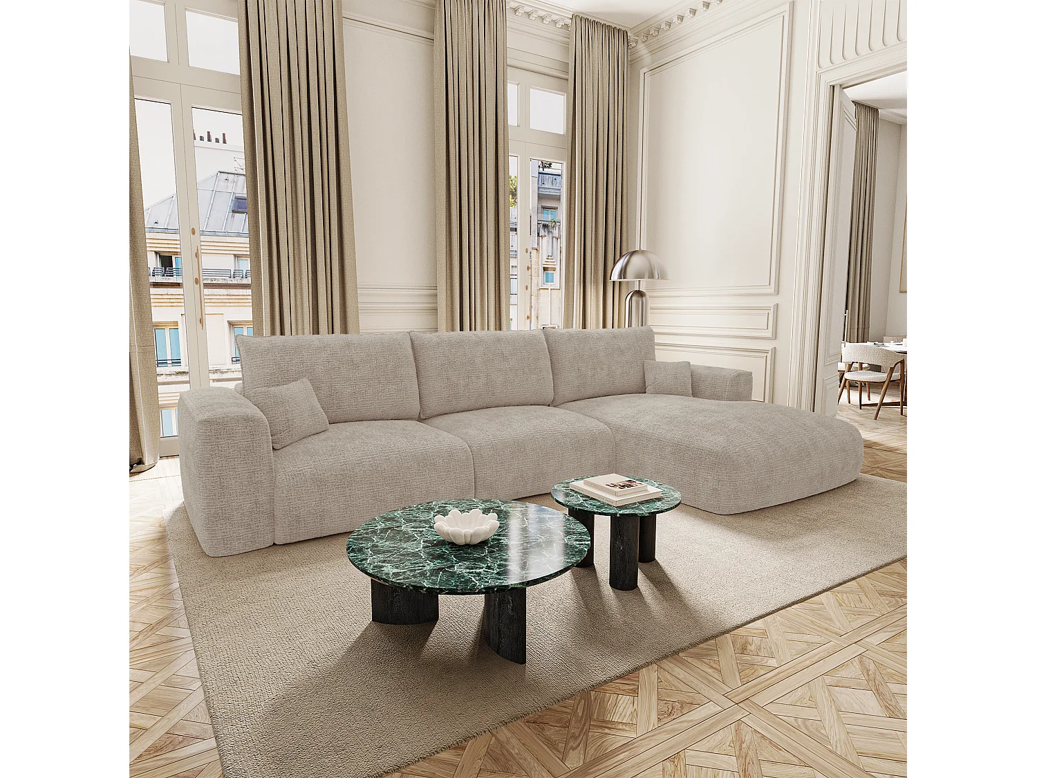Canapé d'angle droit convertible avec coffre COMO en Tissu tramé  toucher doux