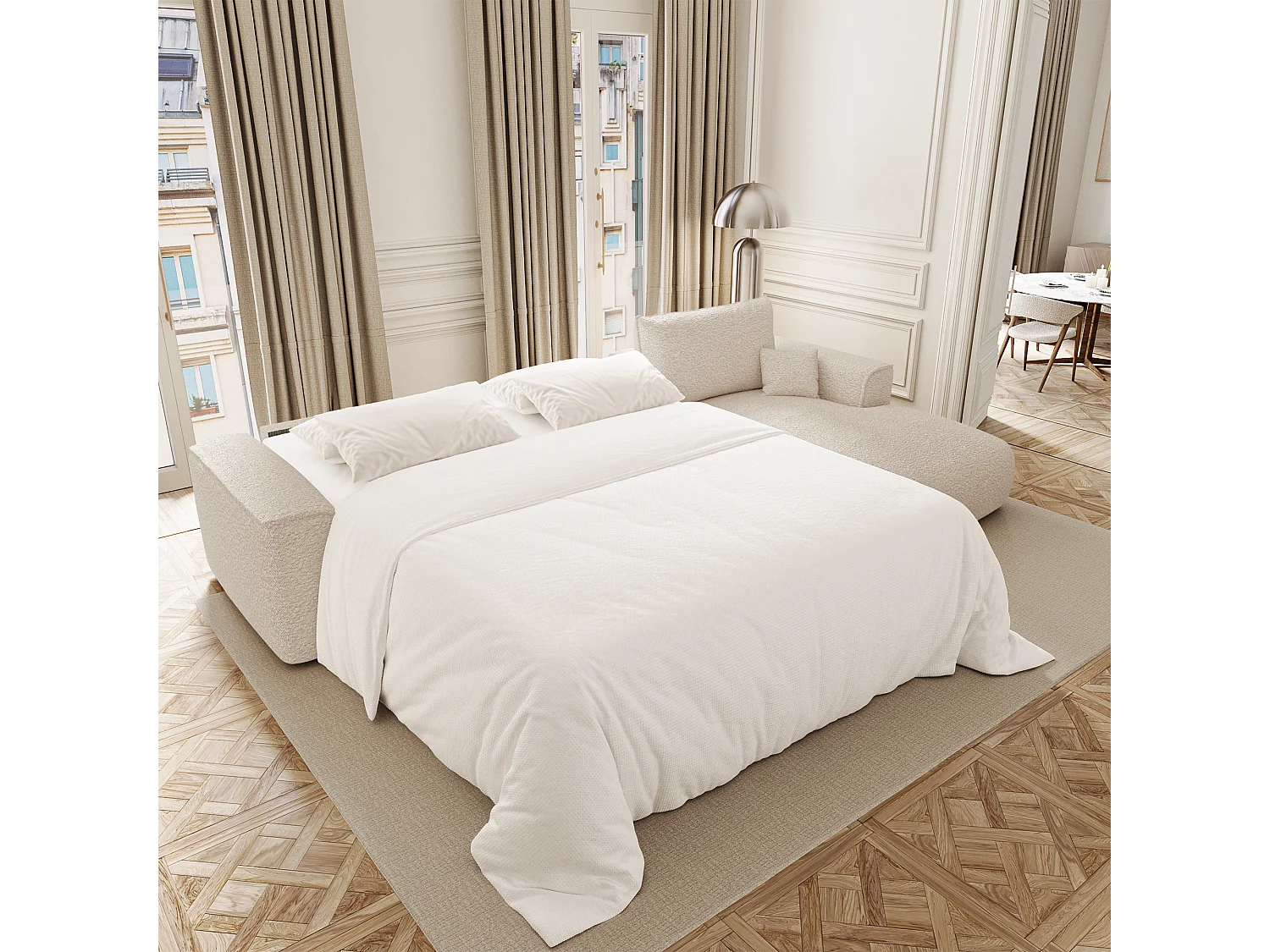 Canapé d'angle droit convertible express COMO en Tissu bouclette