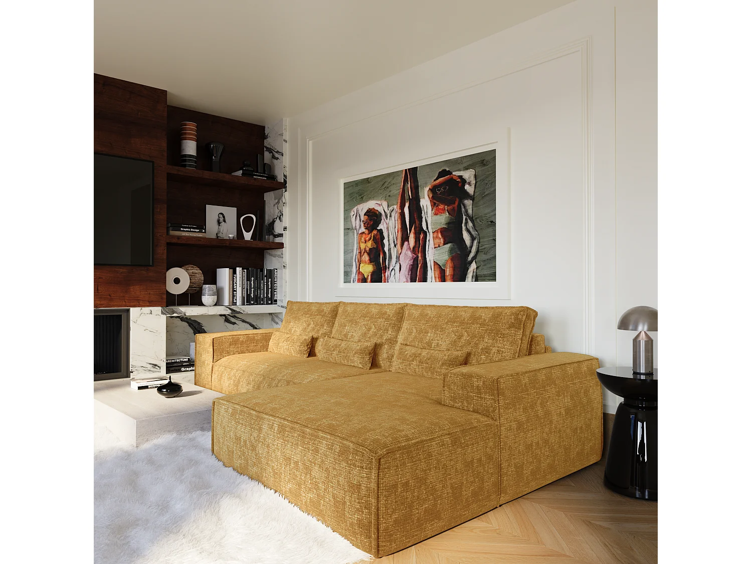 Canapé d'angle droit convertible express JUNE en Velours gaufré