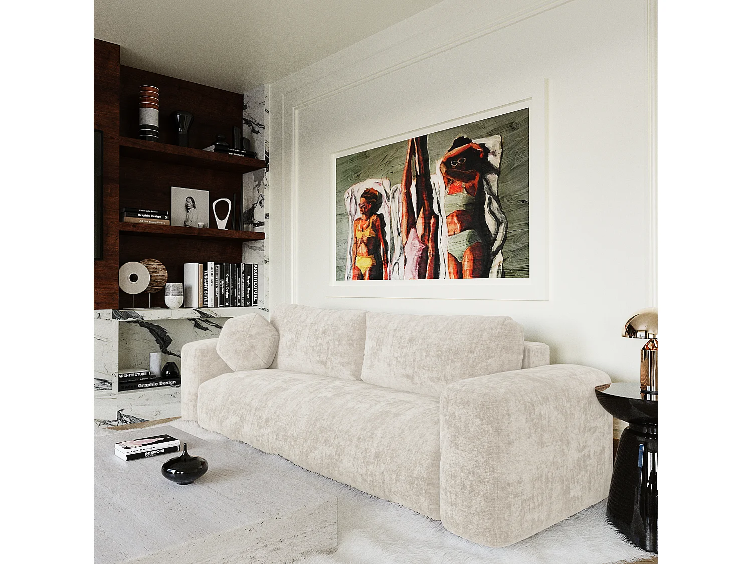 Canapé convertible avec coffre de rangement LIOR en Velours texturé Crème