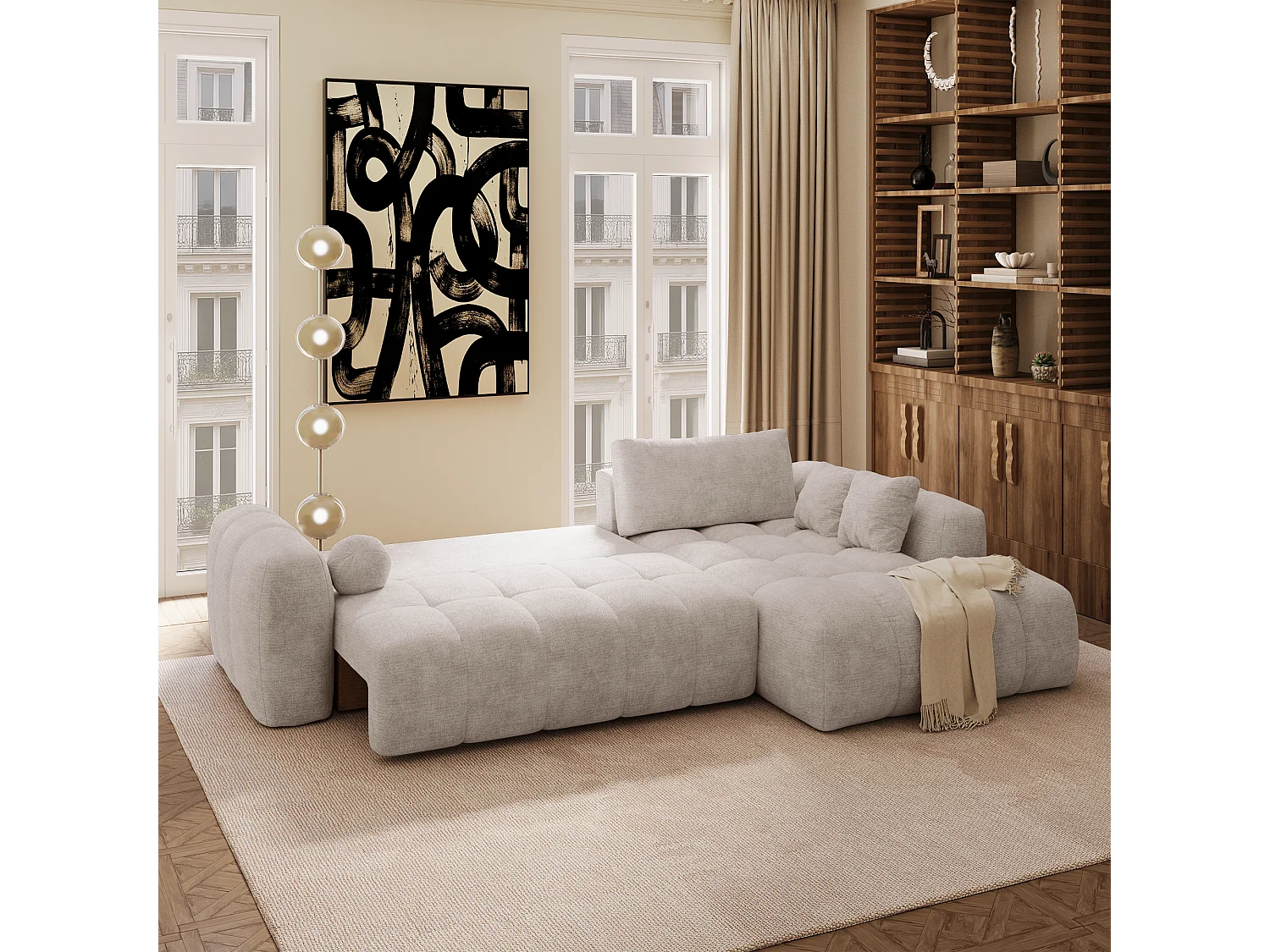 Canapé d'angle droit convertible avec coffre SKY en Velours gaufré Taupe