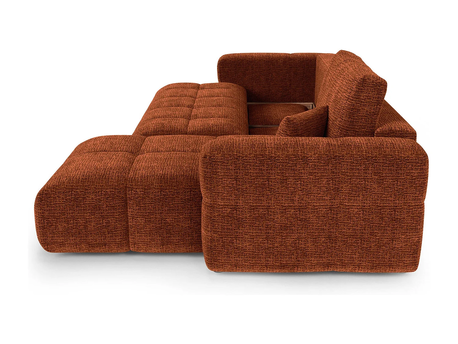 Canapé d'angle droit convertible avec coffre VIBE en Tissu tramé toucher doux