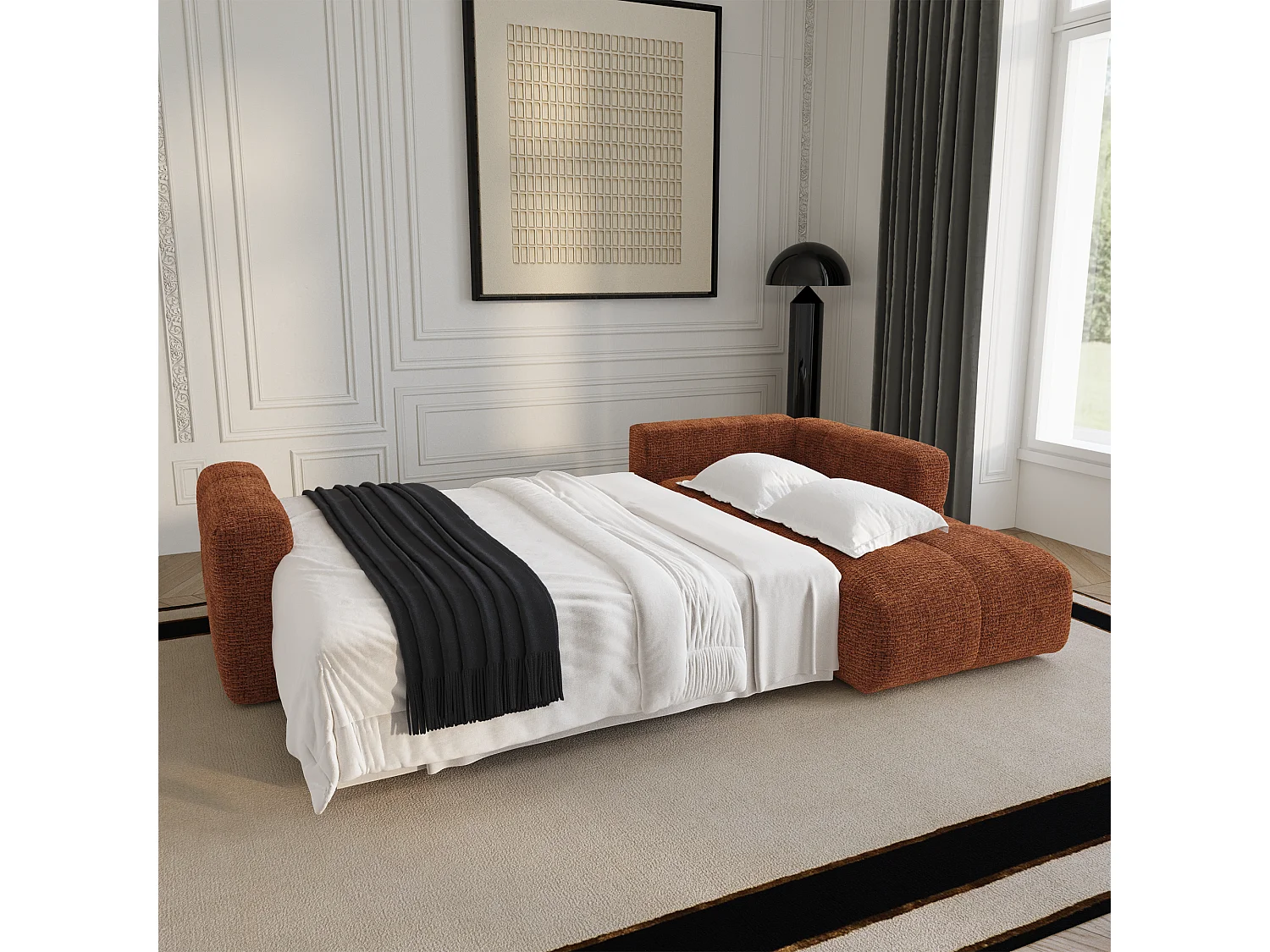 Canapé d'angle droit convertible avec coffre VIBE en Tissu tramé toucher doux