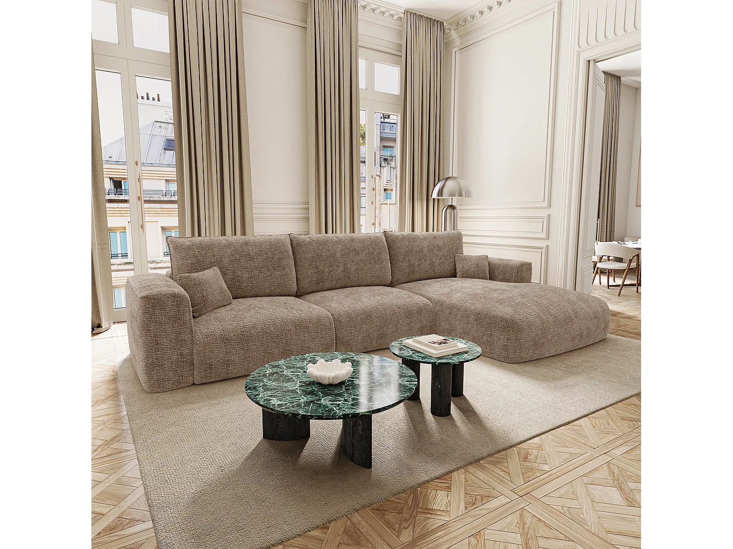 Canapé d'angle droit convertible avec coffre COMO en Tissu tramé  toucher doux