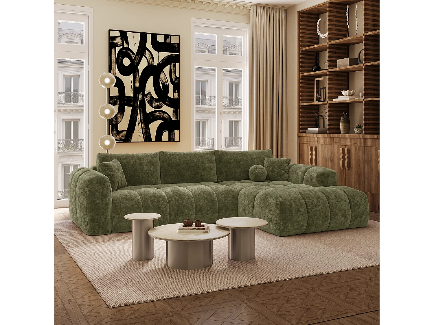 Canapé d'angle droit convertible avec coffre SKY en Velours gaufré