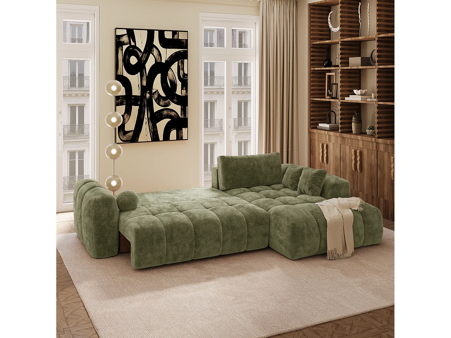 Canapé d'angle droit convertible avec coffre SKY en Velours gaufré