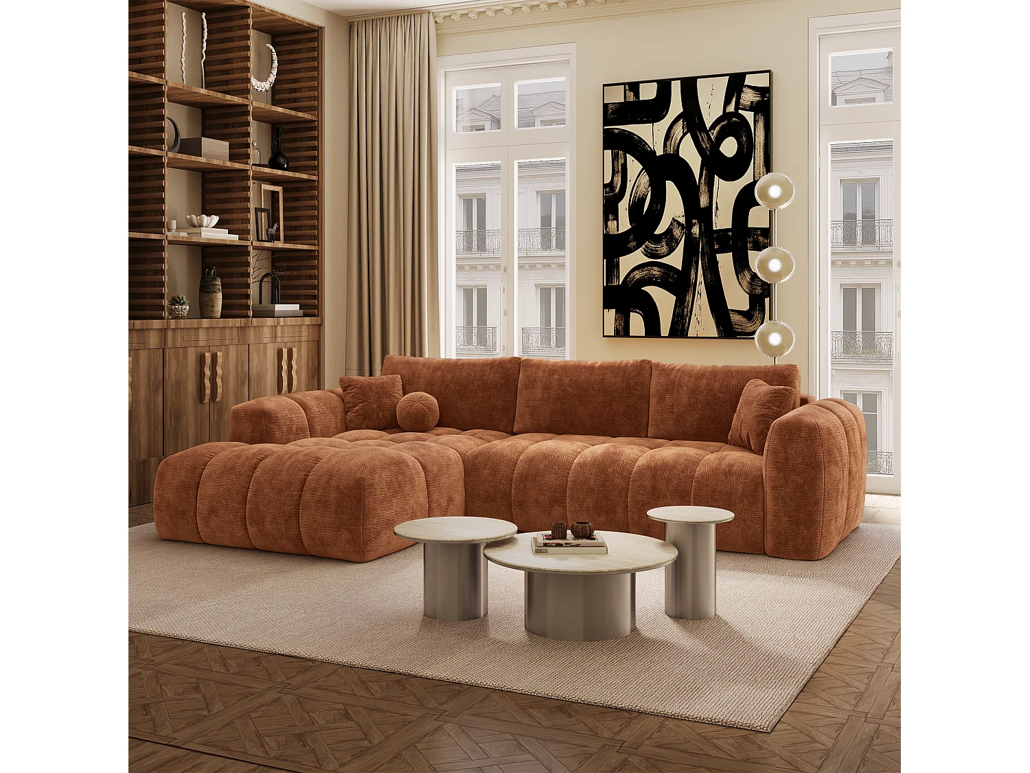 Canapé d'angle gauche convertible avec coffre SKY en Velours gaufré