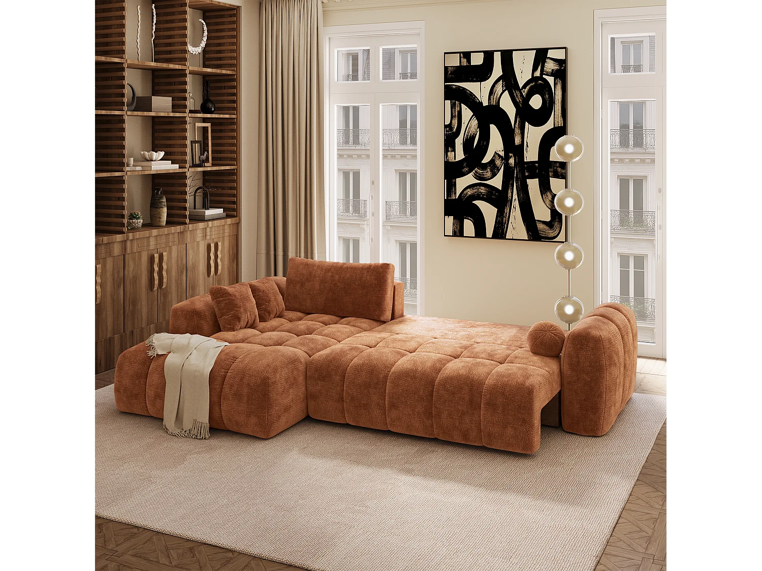 Canapé d'angle gauche convertible avec coffre SKY en Velours gaufré