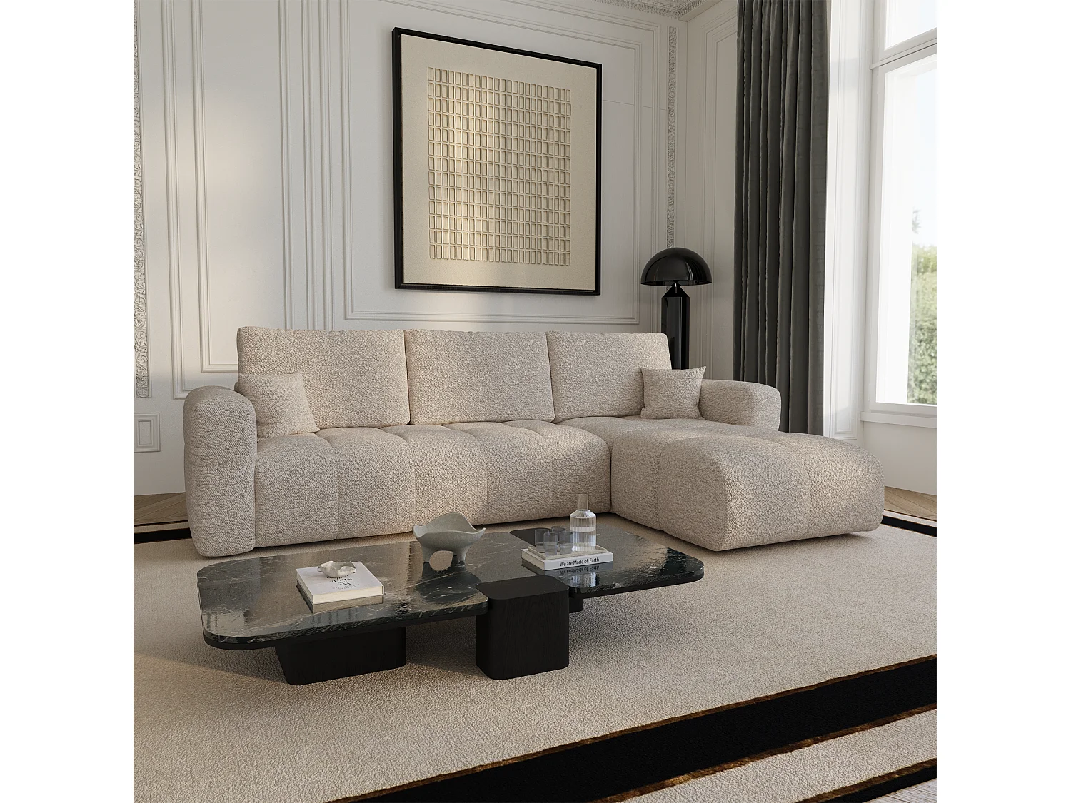 Canapé d'angle droit convertible avec coffre VIBE en Tissu bouclette