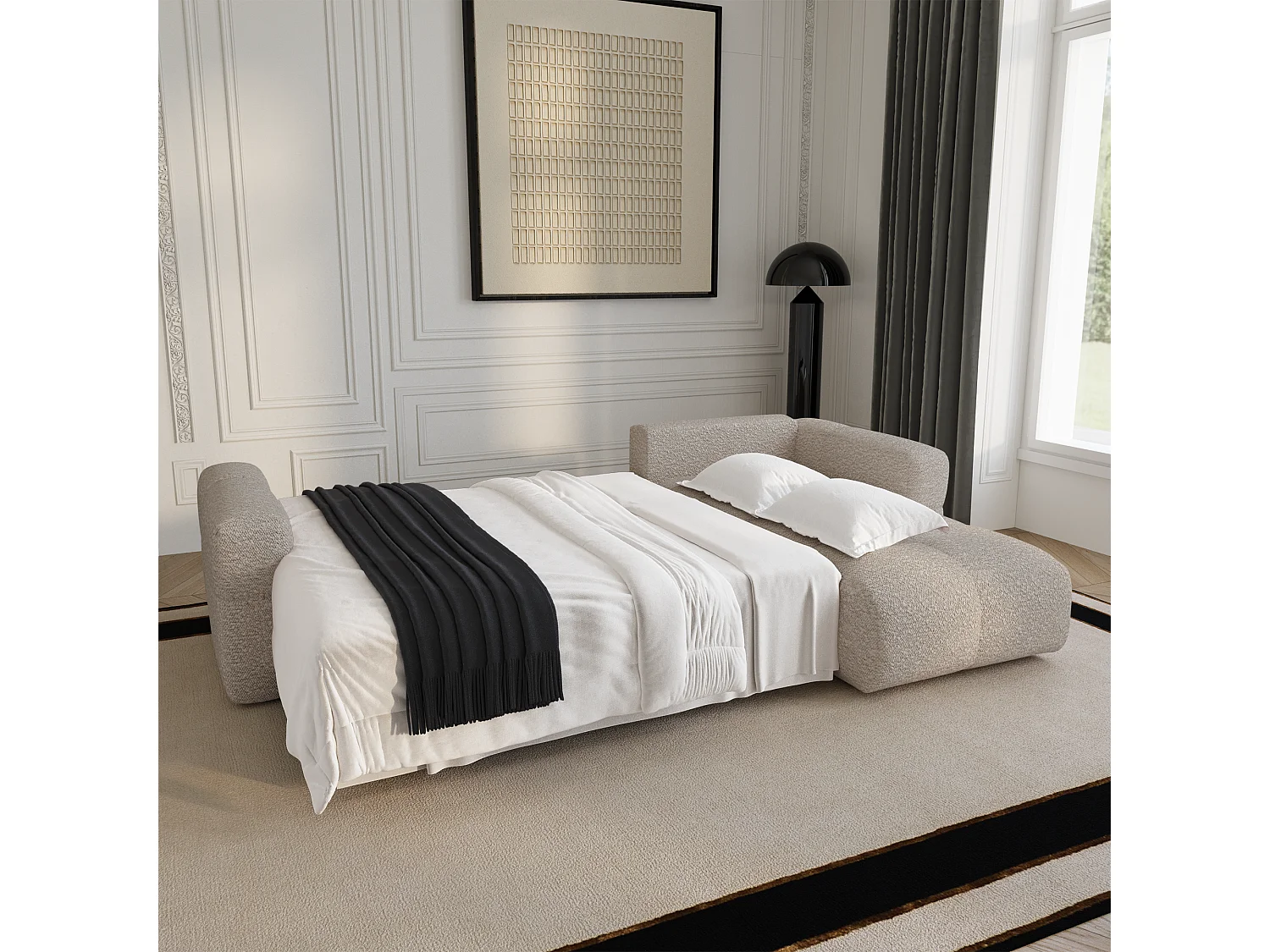 Canapé d'angle droit convertible avec coffre VIBE en Tissu bouclette