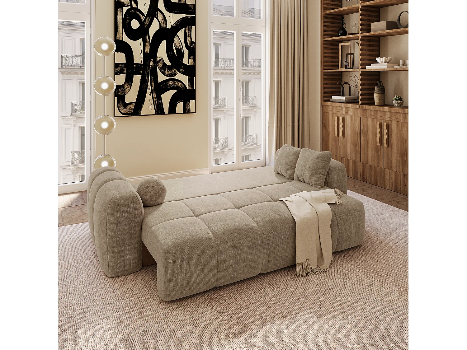 Canapé convertible avec coffre SKY en Tissu tramé Taupe