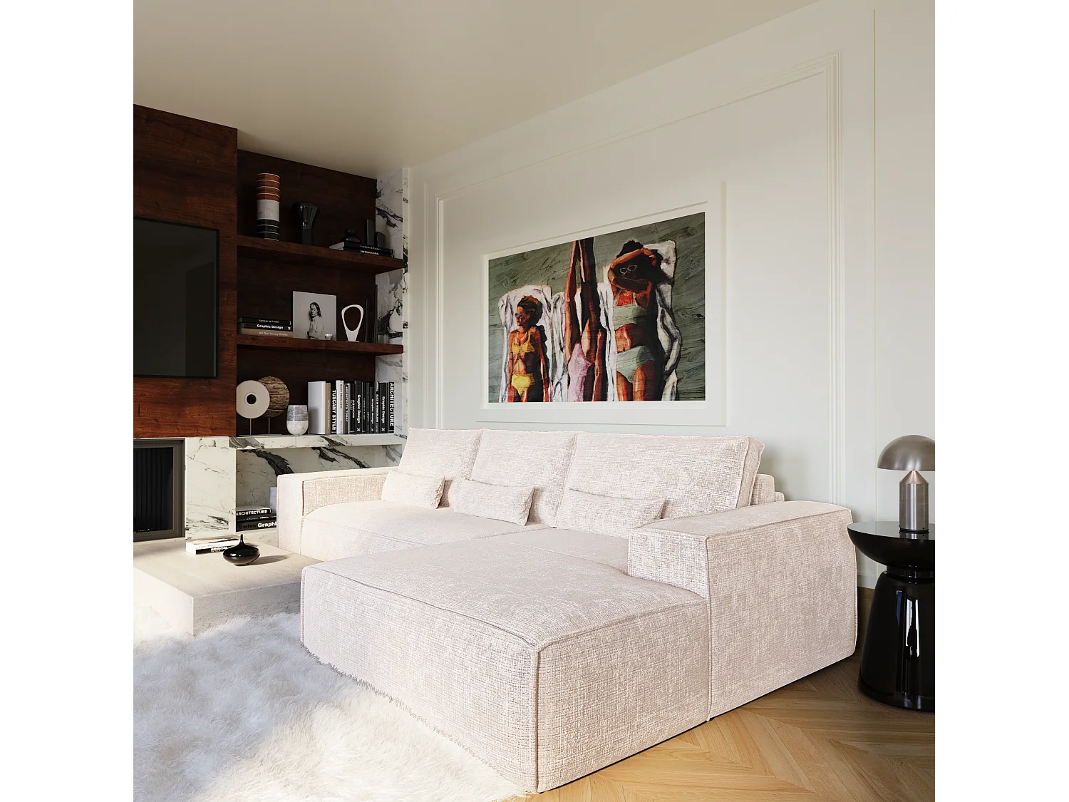 Canapé d'angle droit convertible express JUNE en Velours gaufré