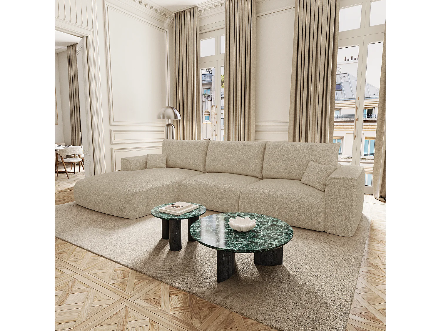 Canapé d'angle gauche convertible avec coffre COMO en Tissu bouclette