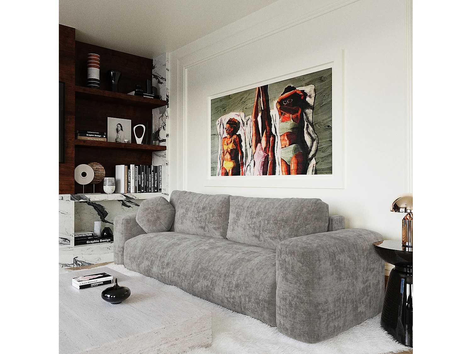 Canapé convertible avec coffre de rangement LIOR en Velours texturé Gris béton