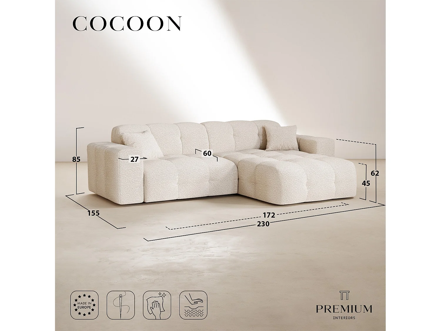 Canapé angle droit COCOON en Velours gaufré Vert vintage