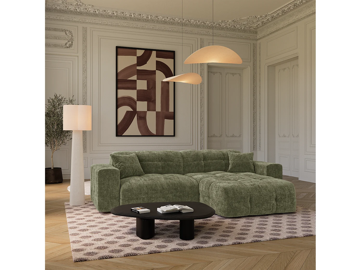 Canapé angle droit COCOON en Velours gaufré Vert vintage