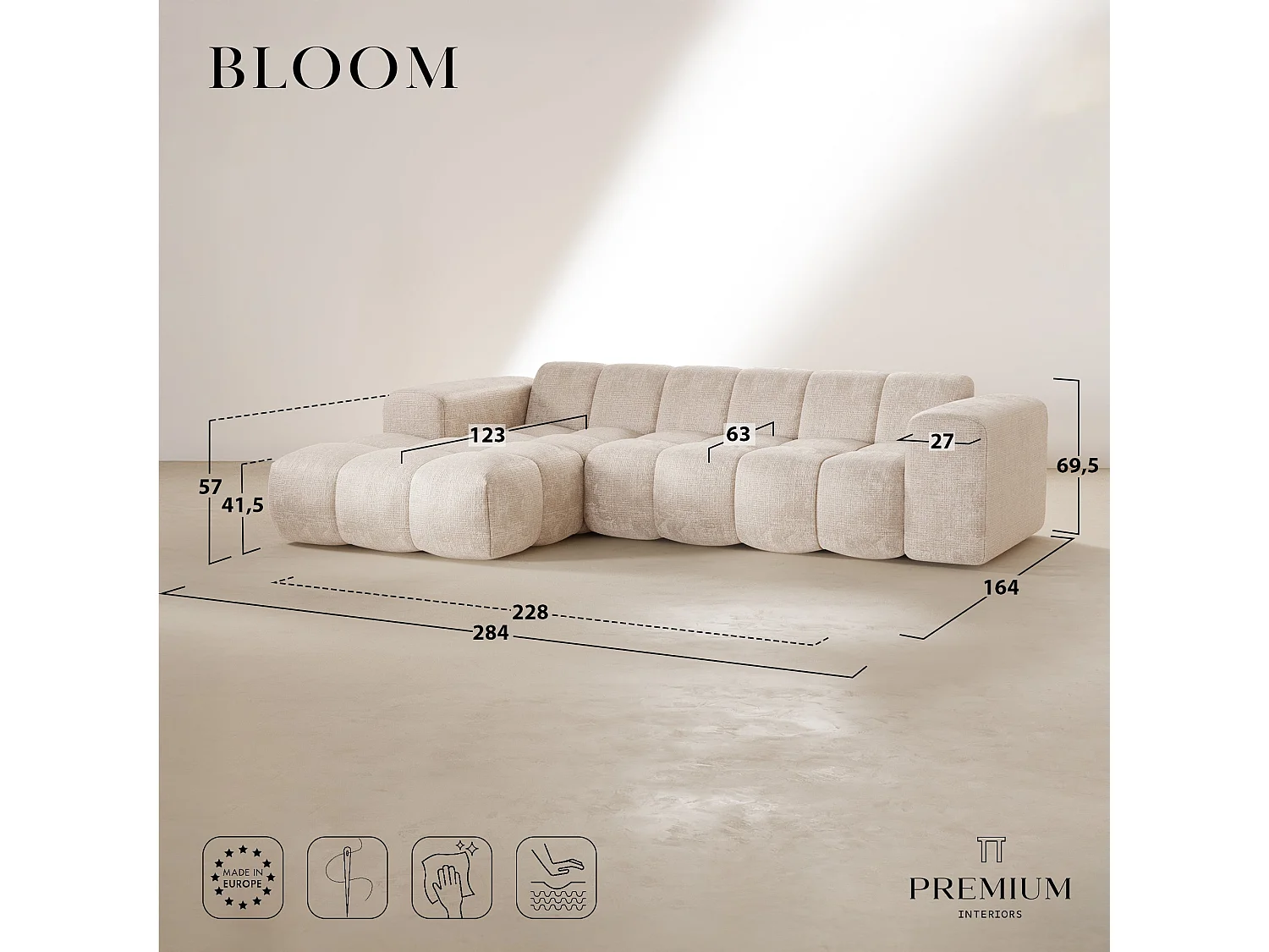 Canapé d'angle gauche BLOOM en Velours gaufré