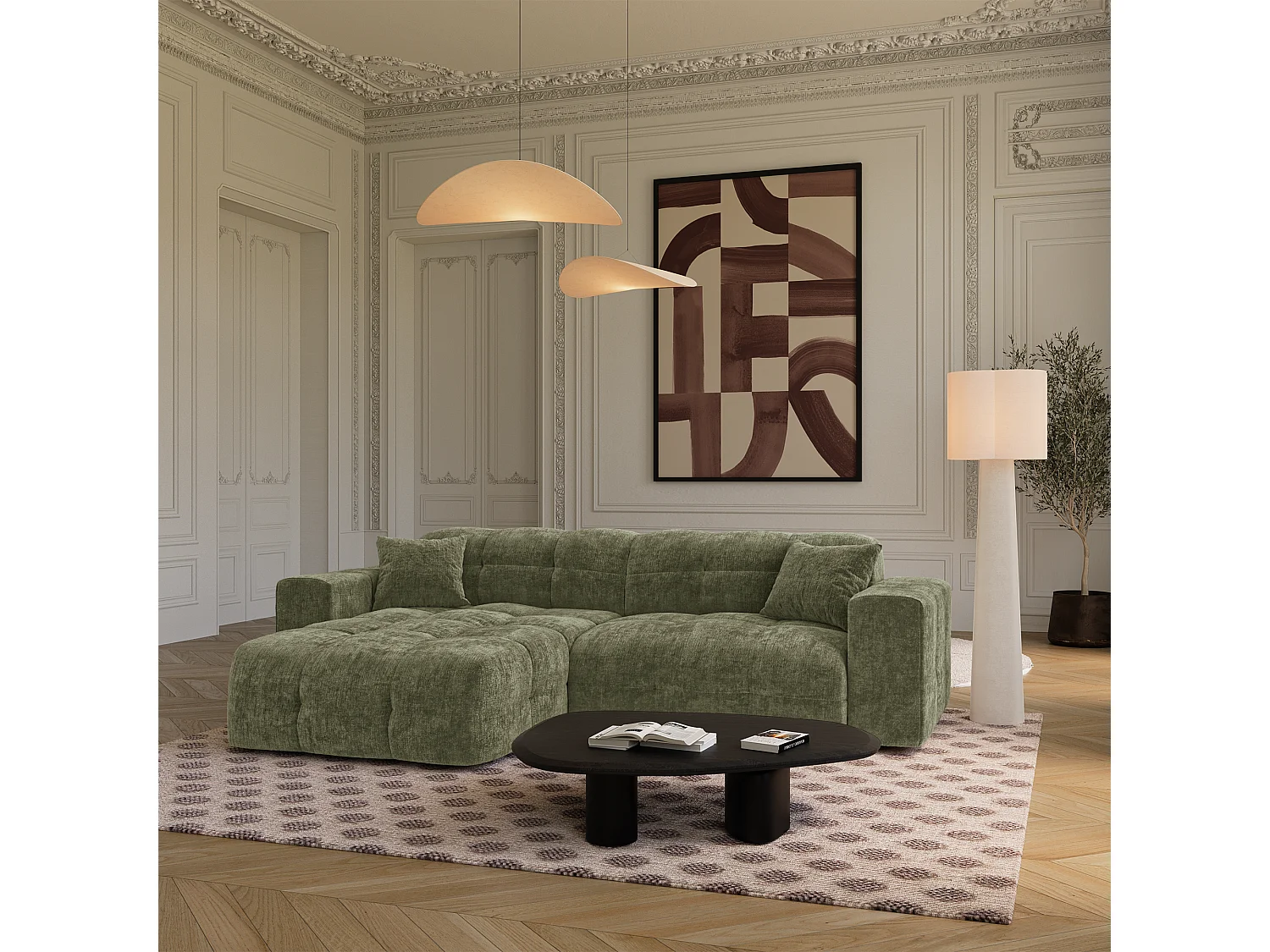 Canapé angle gauche COCOON en Velours gaufré Vert vintage