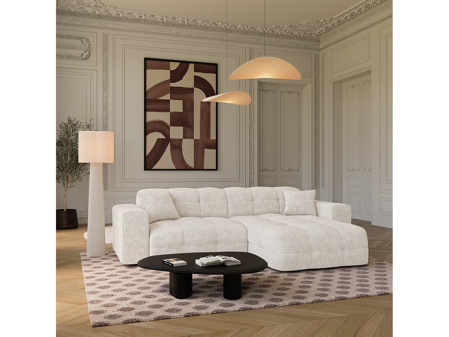 Canapé angle droit COCOON en Velours gaufré Crème