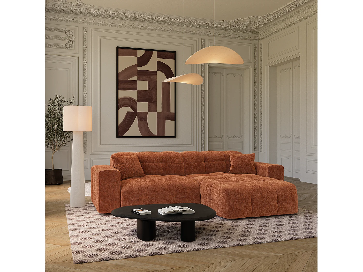 Canapé angle droit COCOON en Velours gaufré Terracotta