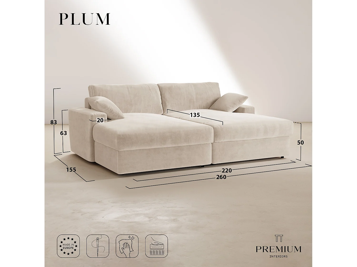 Canapé PLUM en Velours côtelé XXL Crème