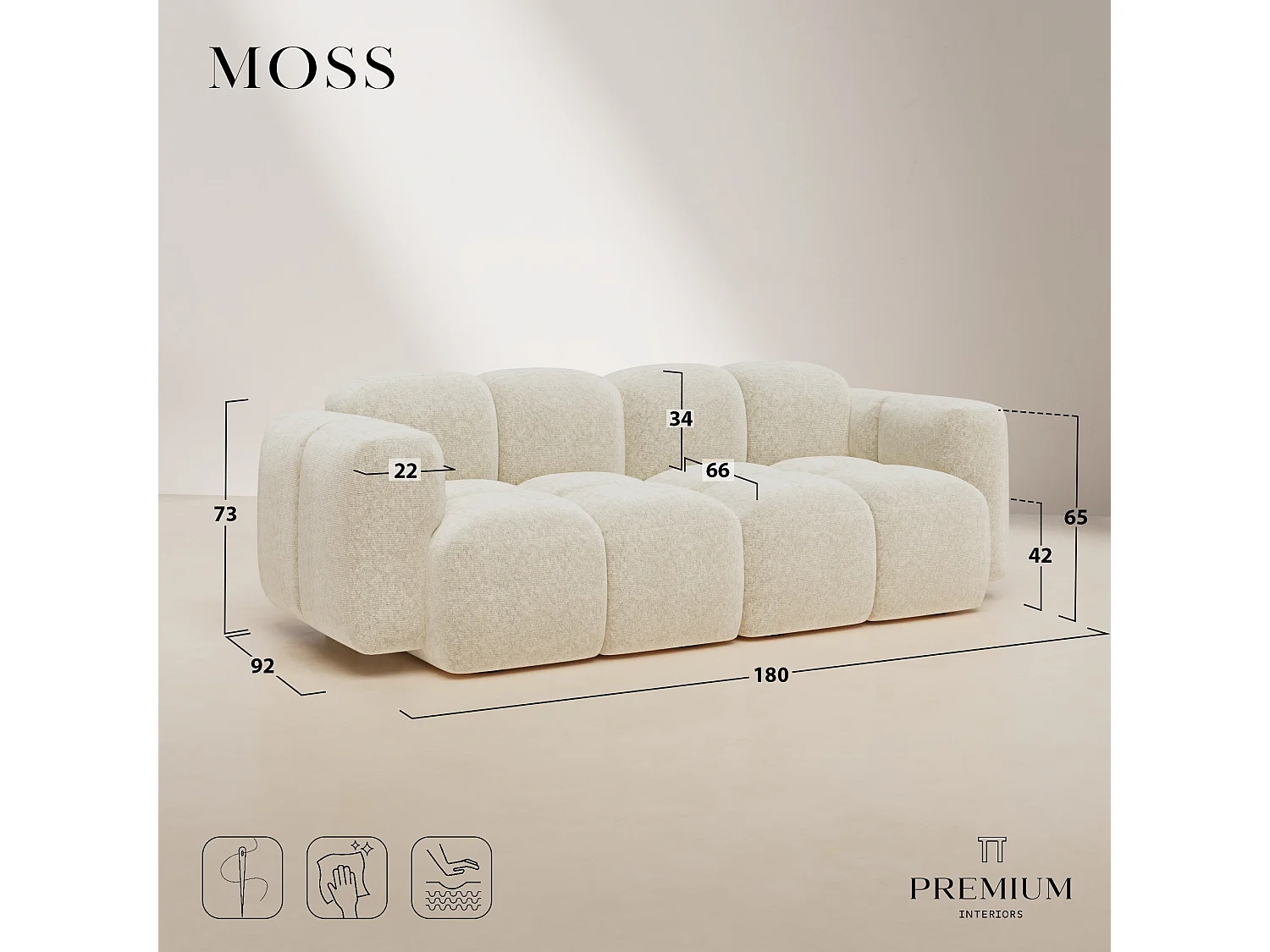 Canapé modulable 3 places MOSS en Velours texturé Beige