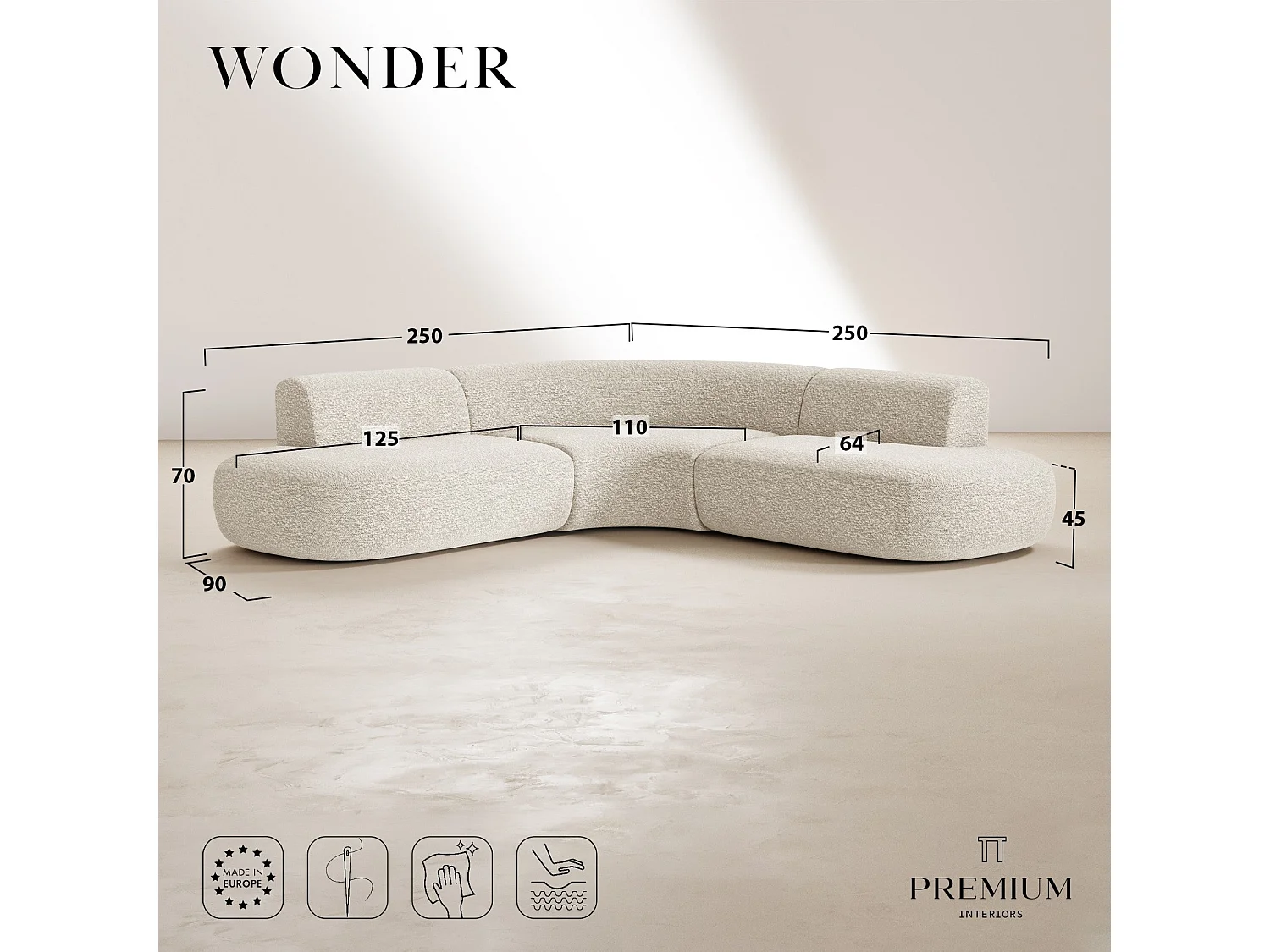 Canapé grand angle WONDER en Velours gaufré