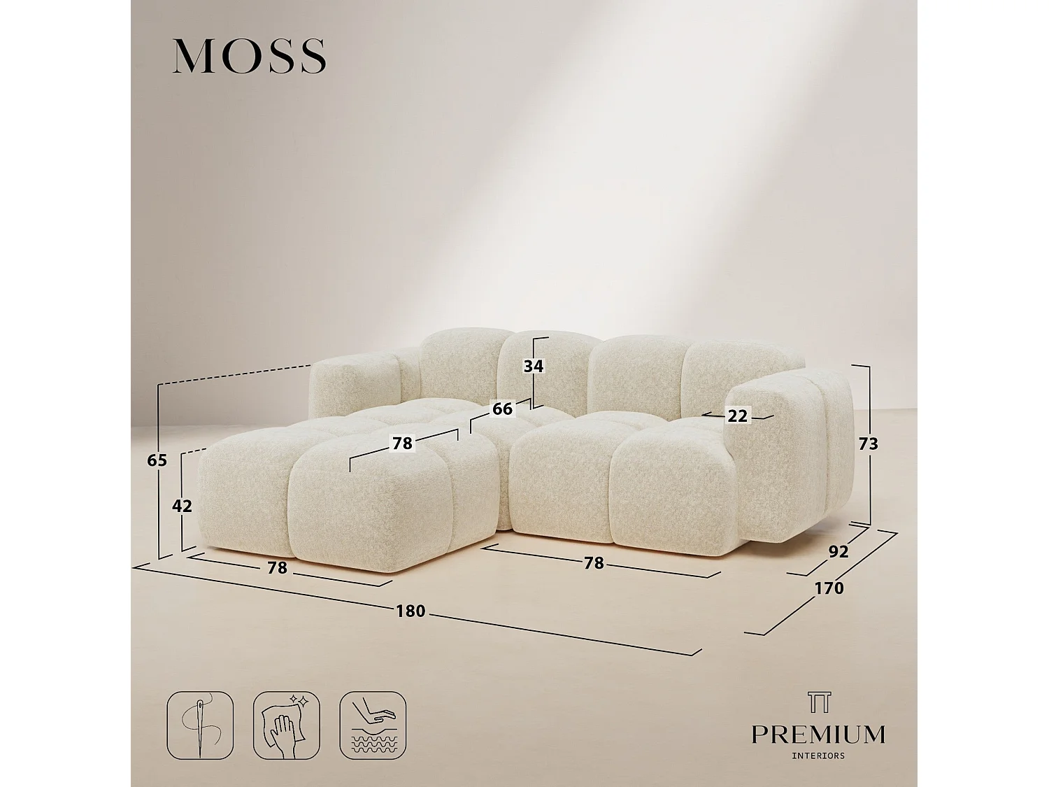 Canapé modulable 4 places MOSS en Velours texturé Beige